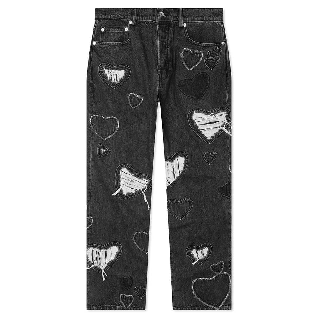 Heart Patchwork Jeans - Heart Charcoal Wash