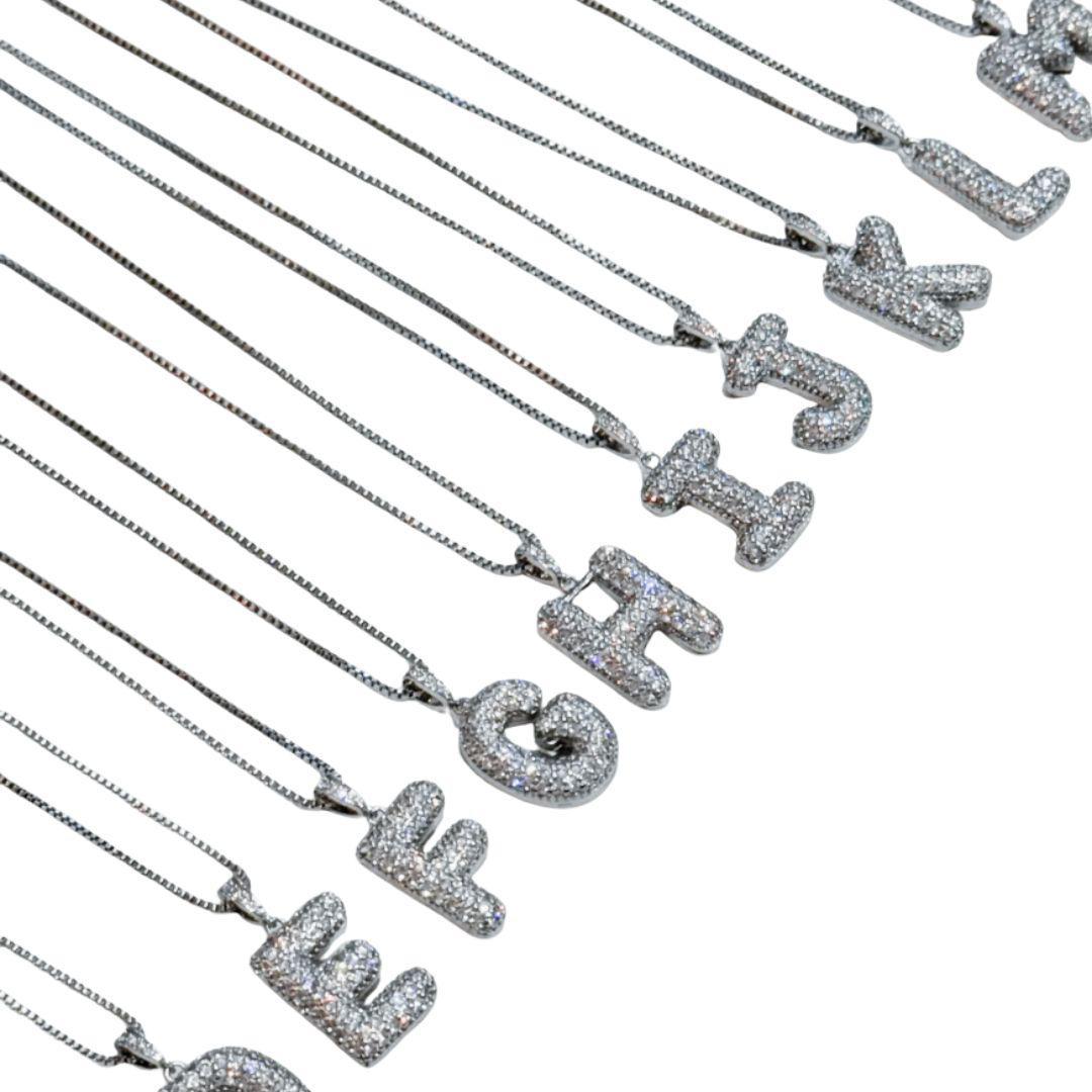 BUBBLE LETTER INITIAL NECKLACE SILVER