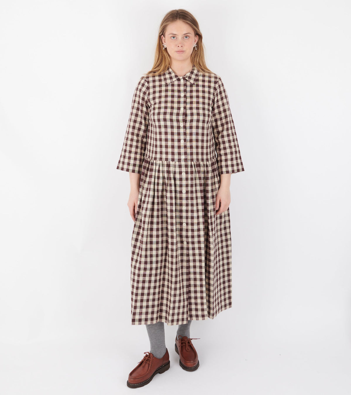 Check Linen Cotton Shirt Dress Dark Chocolate/Ecru