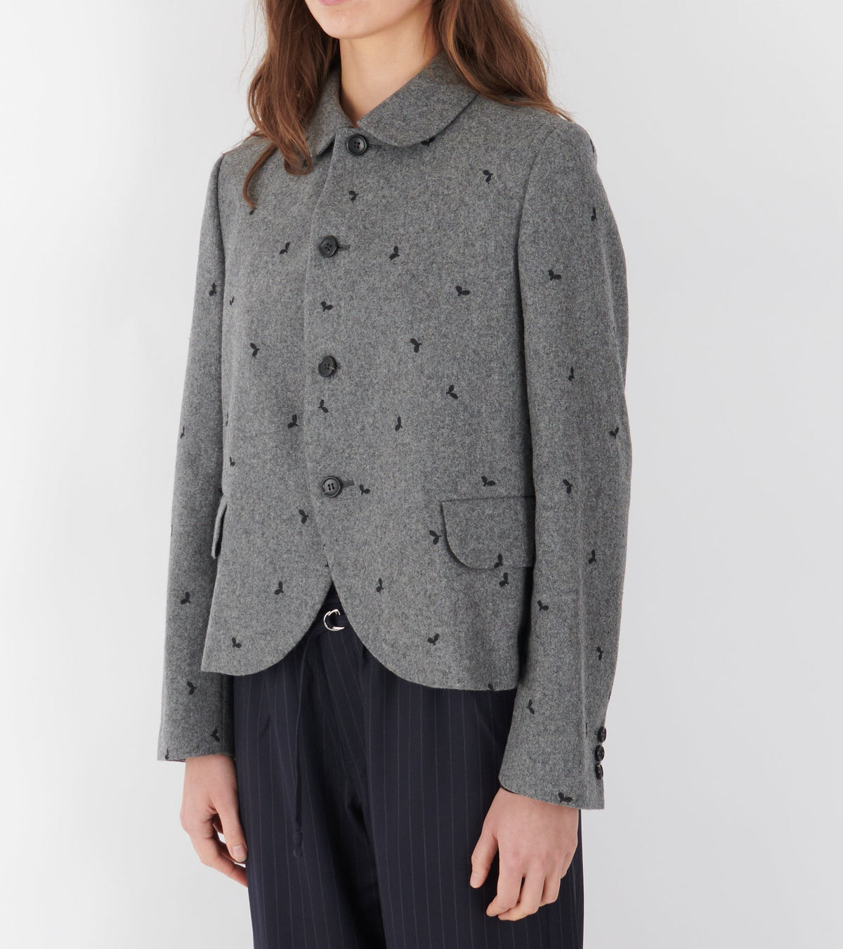 Embroidered Round Collar Jacket Grey