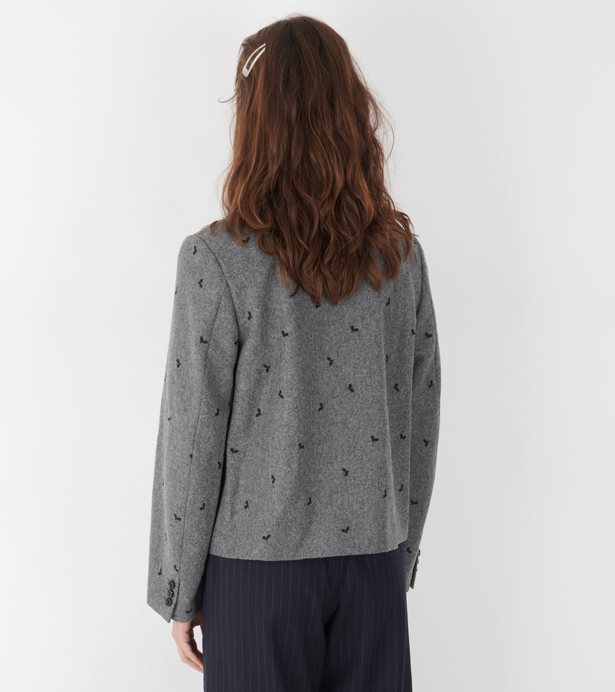 Embroidered Round Collar Jacket Grey