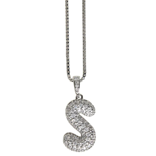 BUBBLE LETTER INITIAL NECKLACE SILVER