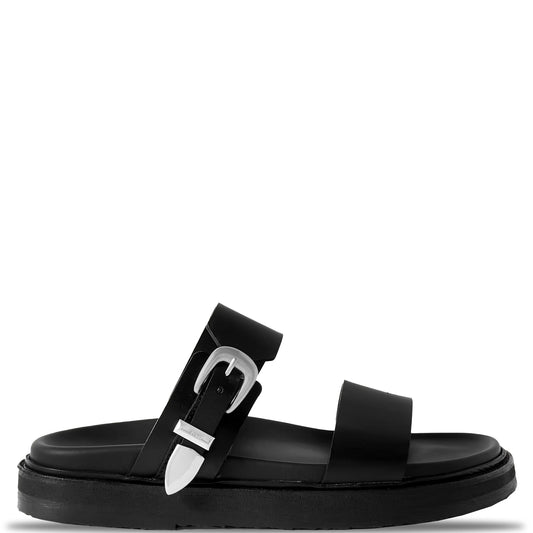 Womens Celine Black Leather Buckle Sandals