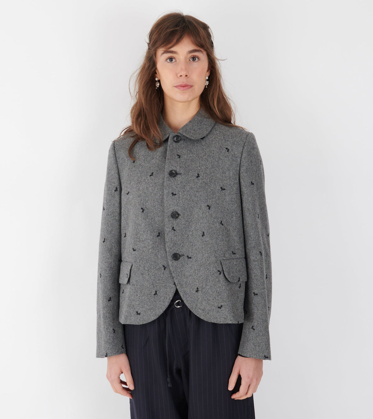 Embroidered Round Collar Jacket Grey