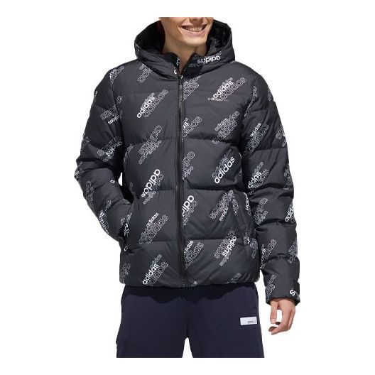 Men's adidas neo Logo Full Print Sports Stay Warm Hooded Down Jacket Black GJ8812