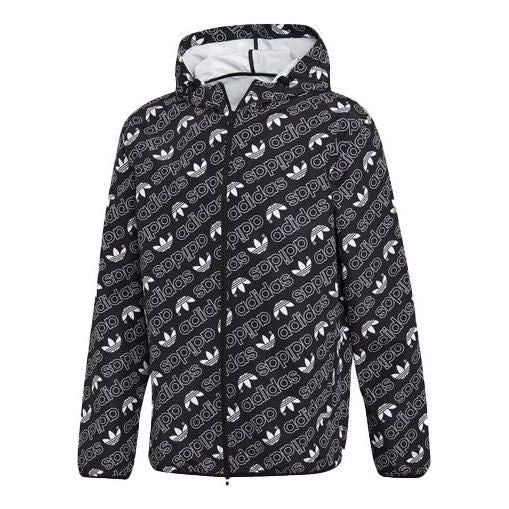 adidas originals Full Print Athleisure Casual Sports hooded Woven Windproof Outdoor Jacket Black DH4796