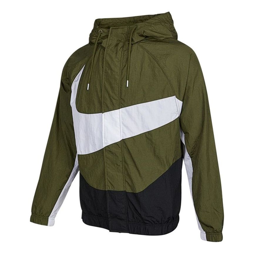 Men's Nike Sportswear Swoosh Large Logo Printing Hooded Woven Jacket Autumn Olive Green DD5968-326
