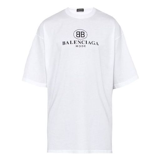Men's Balenciaga Logo Printing Round Neck Short Sleeve White 556150TYK239000